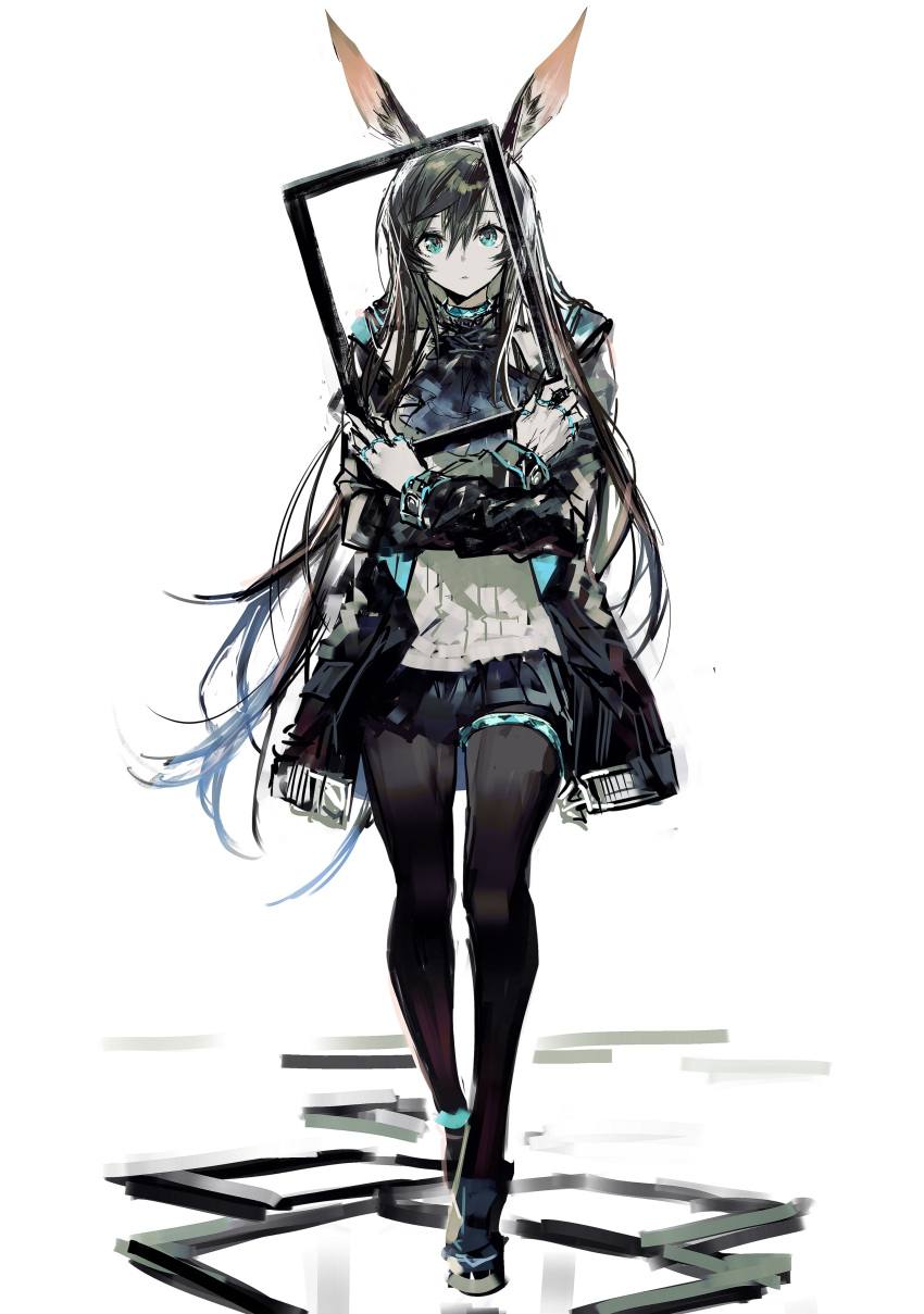 1girl absurdres amiya_(arknights) animal_ears anklet arknights ascot black_footwear black_jacket black_skirt blue_ascot blue_choker blue_eyes choker crossed_arms expressionless full_body hair_down highres holding_frame infection_monitor_(arknights) jacket jewelry long_hair long_sleeves looking_at_viewer multiple_rings oripathy_lesion_(arknights) picture_frame rabbit_ears remsrar ring shirt shoes skirt solo symbolism thighlet very_long_hair walking white_background white_shirt