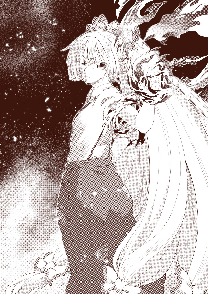 0-den absurdres bow burnt_clothes fire fujiwara_no_mokou greyscale hair_bow highres long_hair looking_at_viewer looking_back monochrome pants ponytail shirt suspenders touhou very_long_hair white_hair white_shirt