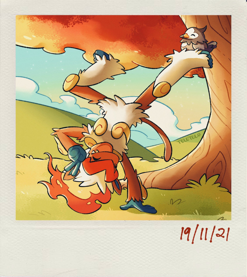 :d artist_name black_eyes clouds commentary dated grass handstand happy highres hill infernape one_arm_handstand outdoors pokemon pokemon_(game) smile starly teeth teletelo tree
