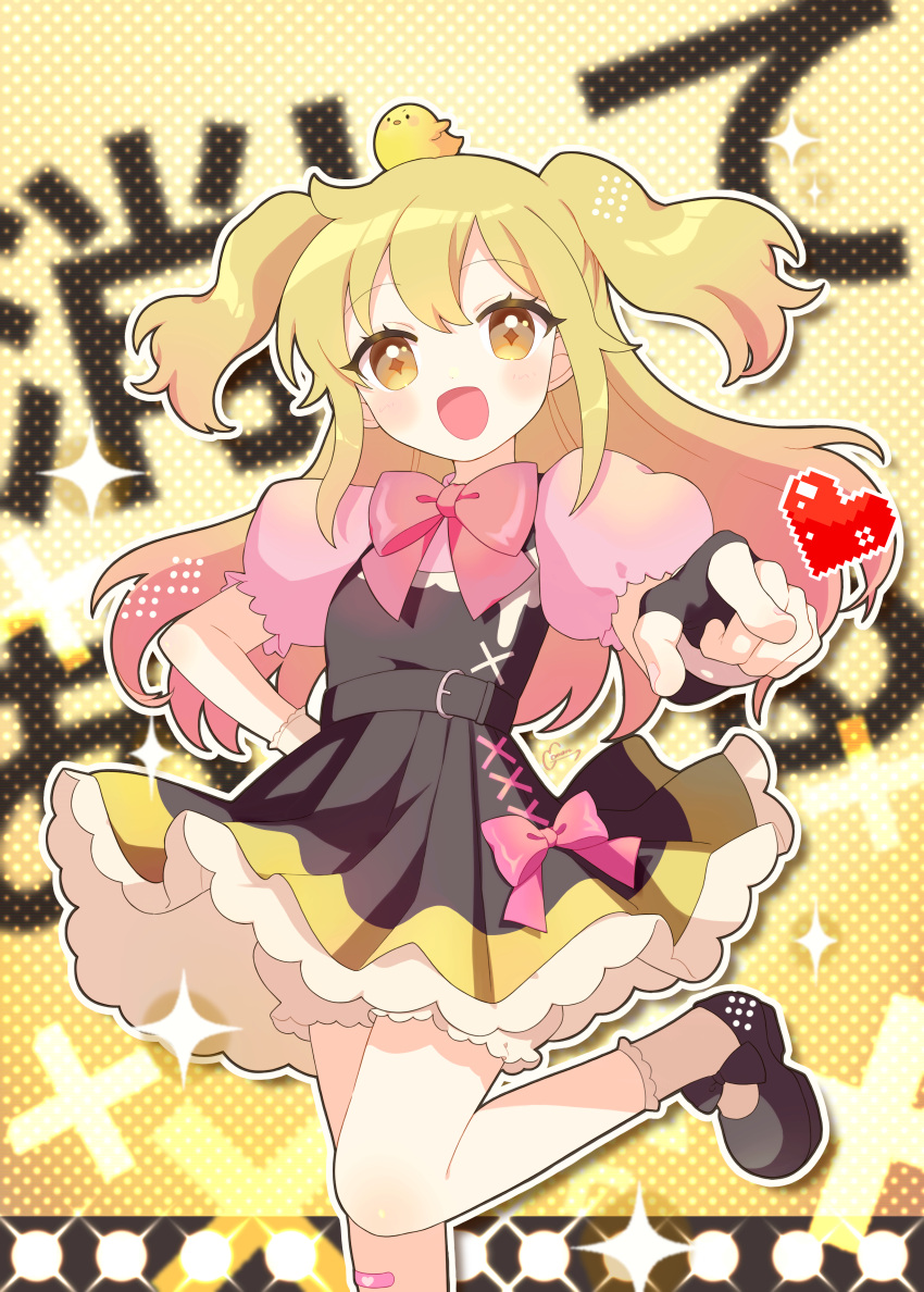 1girl absurdres animal_on_head bandaid bandaid_on_knee bandaid_on_leg bangs bird black_dress black_footwear black_gloves blonde_hair blush bow bowtie chick dress fingerless_gloves frills gloves hair_between_eyes halftone heart highres long_hair looking_at_viewer momokan_(mmkn100) on_head open_mouth pink_bow pixelated pmaru-sama puffy_short_sleeves puffy_sleeves ribbon s'il_vous_president shirt short_sleeves smile socks solo sparkle stage stage_lights standing two_side_up virtual_youtuber white_shirt white_socks wrist_cuffs yellow_eyes