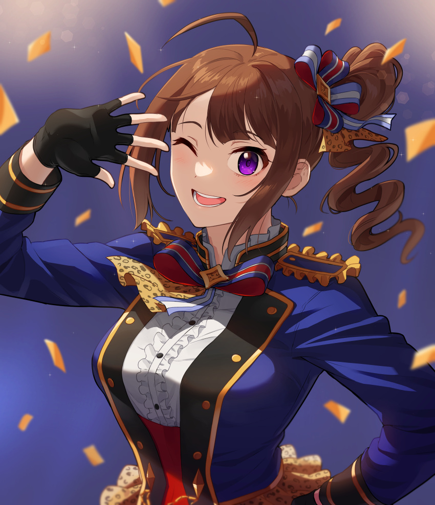 1girl ;d absurdres ahoge backlighting black_gloves blue_jacket blush breasts brown_hair center_frills confetti fingerless_gloves frills gloves hair_ribbon hand_on_hip happy_birthday highres idolmaster idolmaster_million_live! idolmaster_million_live!_theater_days jacket kamille_(vcx68) looking_at_viewer medium_breasts one_eye_closed ribbon side_ponytail sidelocks smile solo upper_body wavy_hair yokoyama_nao