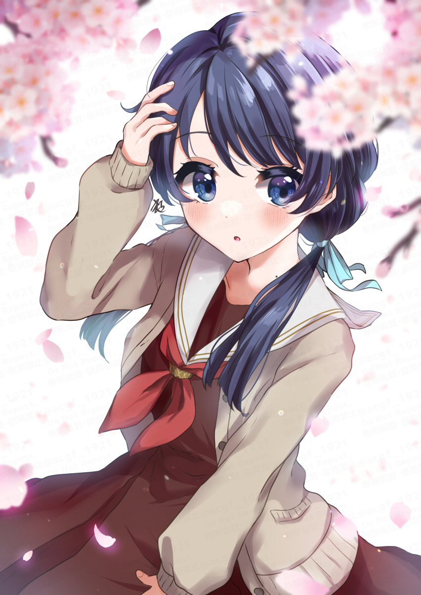 1girl absurdres bangs black_hair blue_eyes blush cherry_blossoms collarbone commentary from_above highres jacket kyaku_tatsu link!_like!_love_live! long_hair looking_at_another love_live! low_twintails mole mole_on_neck murano_sayaka school_uniform signature solo twintails upper_body