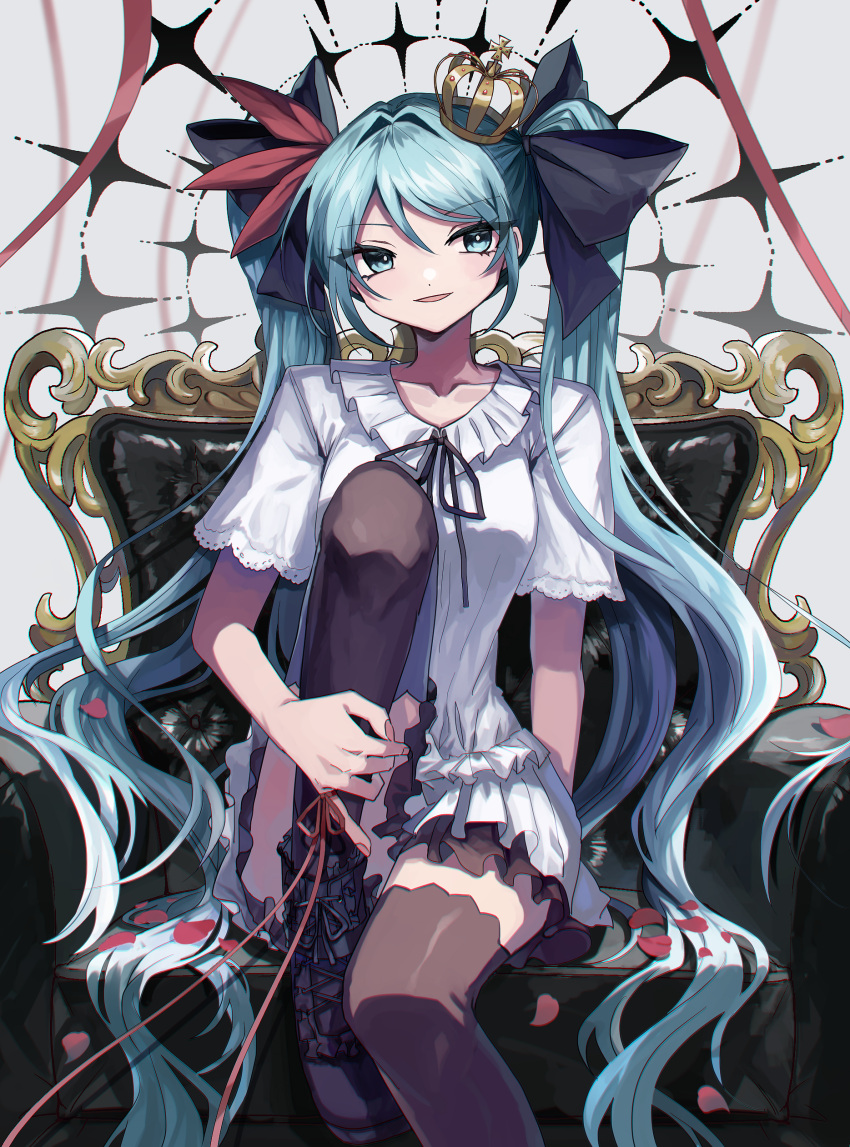 1girl absurdres aqua_eyes aqua_hair black_footwear black_ribbon blue_eyes blue_hair boots collarbone crown danjou_sora dress frilled_dress frills hair_ornament hair_ribbon hatsune_miku highres long_hair looking_at_viewer mini_crown parted_lips petals red_ribbon ribbon rose_petals sitting smile smug solo starry_background string string_of_fate thigh-highs throne twintails very_long_hair vocaloid white_background white_dress world_is_mine_(vocaloid) zettai_ryouiki