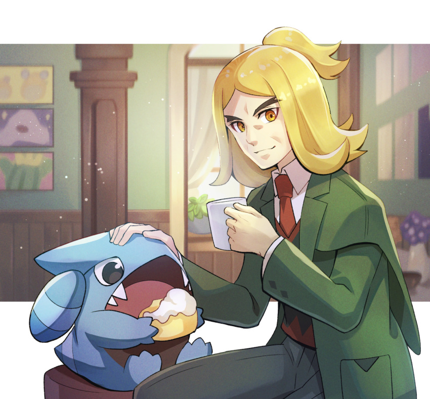 1boy bangs blonde_hair blurry blurry_background closed_mouth collared_shirt commentary_request cup eating gible green_jacket hassel_(pokemon) headpat highres holding holding_cup jacket long_sleeves male_focus mug necktie open_clothes open_jacket pants parted_bangs pokemon pokemon_(creature) pokemon_(game) pokemon_sv red_necktie shirt short_ponytail sitting smile stool vest white_shirt zeroki_(izuno)