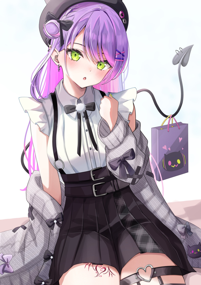 :o absurdres bangs black_bow black_headwear black_ribbon black_skirt blush bow c1p122 cardigan clenched_hand collared_shirt cross_hair_ornament demon_tail ear_piercing frilled_shirt frills green_eyes grey_cardigan hair_bow hair_bun hair_ornament high-waist_skirt highres hololive long_hair long_sleeves looking_at_viewer neck_ribbon off_shoulder open_cardigan open_clothes open_mouth piercing pleated_skirt purple_bag purple_hair ribbon shirt short_sleeves sidelocks simple_background single_hair_bun sitting skirt swept_bangs tail thigh_strap tokoyami_towa virtual_youtuber white_background white_shirt