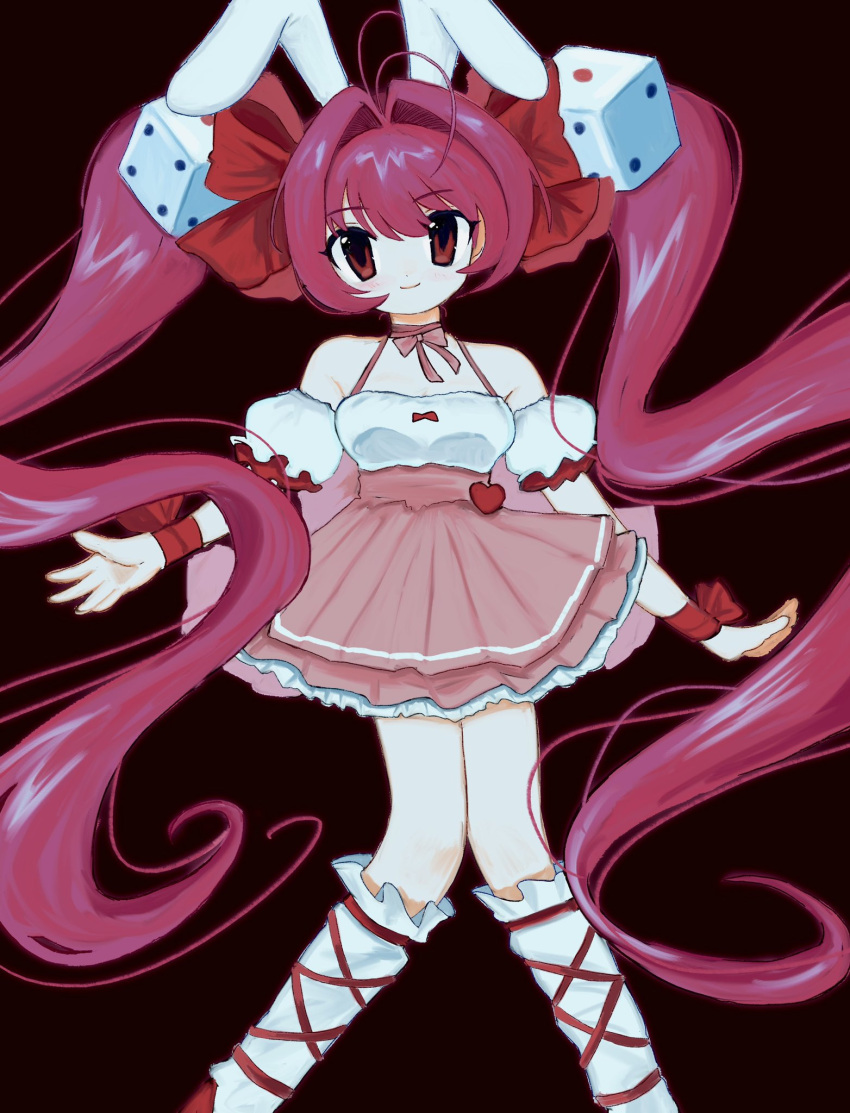 1girl animal_ears bare_shoulders blush bow choker closed_mouth di_gi_charat dice_hair_ornament dress hair_bow hair_intakes hair_ornament heart highres long_hair looking_at_viewer pepeppepe101 pink_hair rabbit_ears red_bow red_eyes ribbon simple_background smile solo twintails usada_hikaru very_long_hair