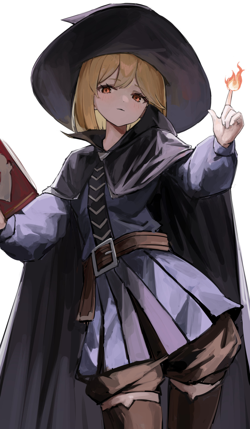 1girl absurdres bangs belt belt_buckle black_cape black_headwear black_shorts black_thighhighs blonde_hair blue_shirt blue_skirt blush book brown_belt buckle cape closed_mouth commentary_request djeeta_(granblue_fantasy) fire granblue_fantasy hat highres holding holding_book long_sleeves looking_at_viewer pleated_skirt puffy_long_sleeves puffy_shorts puffy_sleeves red_eyes shiro_wa_(shiroshironix) shirt shorts shorts_under_skirt simple_background skirt solo thigh-highs white_background witch_hat