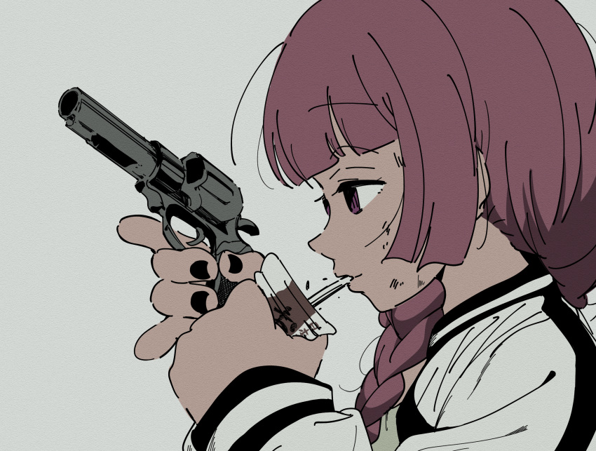 1girl \n/ bangs black_nails blunt_bangs bocchi_the_rock! braid crushing dress drinking drinking_straw drinking_straw_in_mouth goumonsha green_dress gun hair_over_shoulder half-closed_eyes hand_up highres hiroi_kikuri holding holding_carton holding_gun holding_weapon jacket letterman_jacket long_sleeves looking_ahead open_clothes open_jacket paper_texture parody portrait profile purple_hair revolver simple_background solo violet_eyes weapon