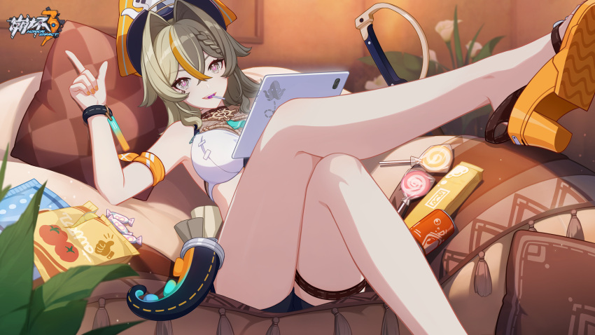 1girl bare_shoulders bikini bikini_top_only blue_shorts breasts brown_hair candy feet food full_body gloves grey_eyes hat highres honkai_(series) honkai_impact_3rd legs lollipop long_hair looking_at_viewer nail_polish official_alternate_costume official_art official_wallpaper orange_nails pirate_hat pointing pointing_up sandals shorts solo swimsuit toenail_polish toenails vill-v