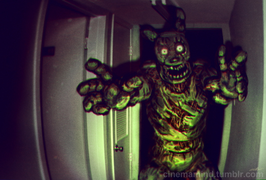 1boy absurdres animal_ears arms_up artist_name cinemamind commentary dark door doorway english_commentary five_nights_at_freddy's five_nights_at_freddy's_3 highres horror_(theme) indoors looking_at_viewer open_mouth outstretched_arms rabbit_ears robot solo springtrap standing teeth tumblr_username web_address