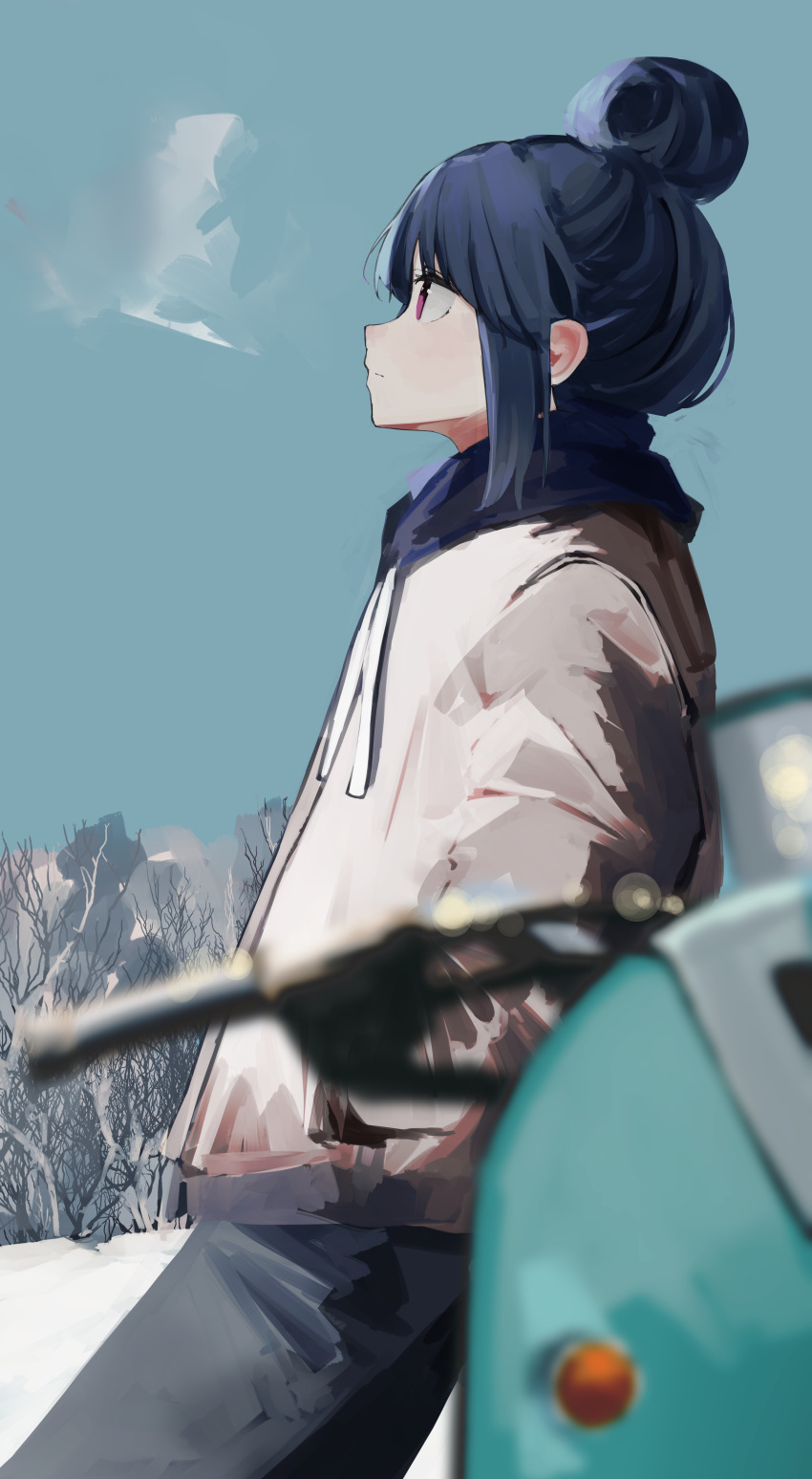 1girl absurdres blue_hair blurry blurry_foreground breath ground_vehicle hair_bun hands_in_pockets highres hood hoodie jacket leadin_the_sky motor_vehicle outdoors scooter shima_rin solo violet_eyes yamaha_vino yurucamp