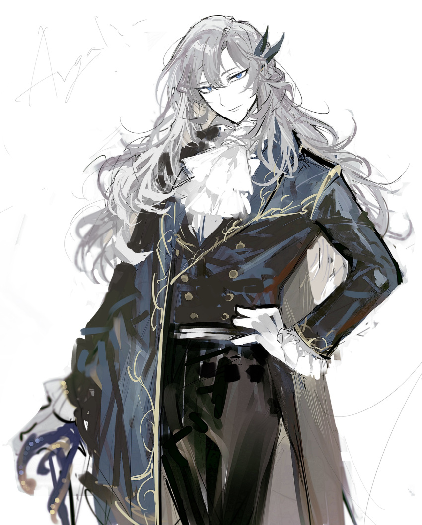 1boy androgynous argalia_(library_of_ruina) ascot bishounen black_cape black_jacket black_pants braid cane cape character_name cowboy_shot frilled_sleeves frills gold_trim grey_hair hand_on_hip highres jacket library_of_ruina long_hair looking_at_viewer male_focus pants project_moon remsrar shirt simple_background solo white_ascot white_background white_shirt wing_collar