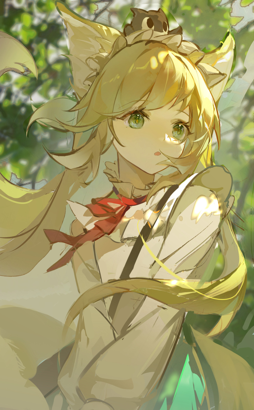 1girl :o absurdres animal_ear_fluff animal_ears arknights blonde_hair blurry blurry_background branch collared_shirt commentary_request creature_on_head floating_hair fox_ears fox_girl green_eyes hairband highres leaf long_hair looking_afar luoxiaohei neckerchief official_alternate_costume on_head open_mouth red_neckerchief shenheqing shirt suzuran_(arknights) suzuran_(spring_praise)_(arknights) the_legend_of_luo_xiaohei v_arms weibo_logo weibo_username white_hairband white_shirt