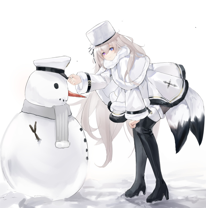 1girl absurdres azur_lane blue_eyes boots branch carrot dress fox_tail full_body fur-trimmed_dress fur_trim grey_hair hat heterochromia highres long_hair long_sleeves looking_at_viewer lump_saury murmansk_(azur_lane) scarf simple_background smile snow snowman solo standing tail violet_eyes white_background