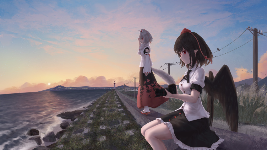 2girls absurdres animal_ears bird_wings black_hair black_skirt black_wings buttons camera clouds collared_shirt fasnakegod feathered_wings hat highres holding holding_camera inubashiri_momiji japanese_clothes multiple_girls pointy_ears pom_pom_(clothes) power_lines red_eyes red_headwear scenery shameimaru_aya shirt short_hair short_sleeves sitting skirt sky standing sun tail tokin_hat touhou utility_pole water white_hair white_shirt wings wolf_ears wolf_tail