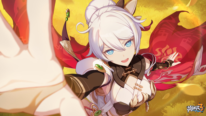 1girl ahoge bangs cape chinese_clothes eyebrows_hidden_by_hair grass highres honkai_(series) honkai_impact_3rd kiana_kaslana kiana_kaslana_(herrscher_of_flamescion) logo looking_at_viewer official_alternate_costume official_art official_wallpaper red_cape smile solo solo_focus