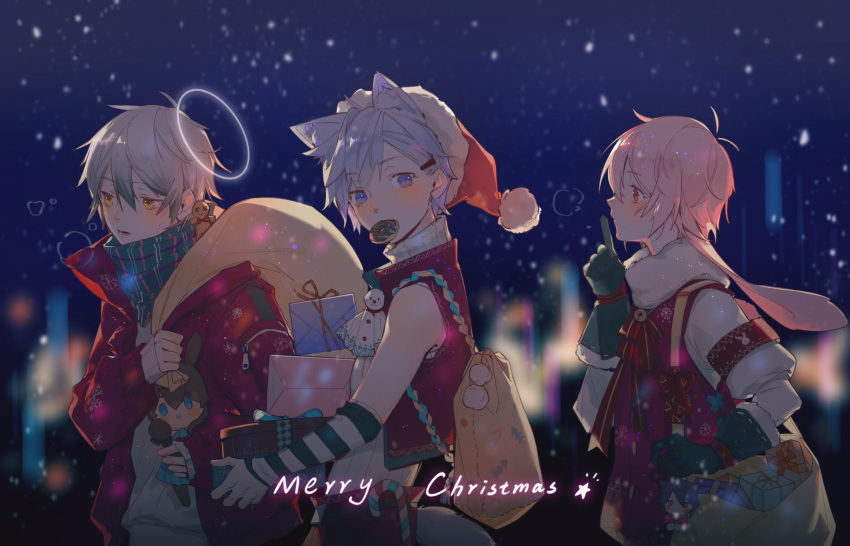 3boys adnachiel_(arknights) amiya_(arknights) animal_ear_fluff animal_ears ansel_(arknights) arknights blush breath candy candy_cane character_doll closed_mouth doughnut finger_to_mouth food fox_ears fox_tail gift gloves green_gloves green_scarf grey_hair hair_between_eyes halo hand_up hat highres holding holding_gift holding_sack holding_stuffed_toy jacket lili3639 looking_ahead looking_at_viewer male_focus melantha_(arknights) merry_christmas mouth_hold multiple_boys open_clothes open_jacket pink_hair purple_hair rabbit_ears red_eyes red_headwear red_jacket red_ribbon red_vest ribbon sack santa_hat scarf shirt short_hair shushing snowing steward_(arknights) stuffed_toy sweatdrop tail vest violet_eyes white_shirt yellow_eyes