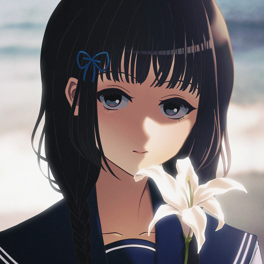 1girl amemori_sayo bangs beach black_eyes black_hair blue_bow blue_sailor_collar blurry blurry_background bow braid closed_mouth collarbone flower hair_bow highres holding holding_flower lily_(flower) long_hair looking_at_viewer low_twin_braids nijisanji nkymyura official_alternate_costume outdoors portrait romaji_commentary sailor_collar school_uniform serafuku sidelighting solo twin_braids waves white_flower white_lily white_serafuku