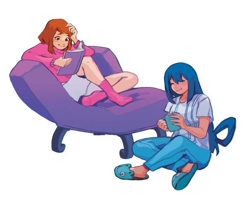 2girls asui_tsuyu blue_hair blue_pants boku_no_hero_academia book bow-shaped_hair brown_hair closed_eyes commentary couch cup english_commentary fenkko full_body holding holding_book holding_cup indian_style long_hair long_sleeves medium_hair mug multiple_girls pants pink_socks pink_sweater reading shirt short_sleeves shorts simple_background sitting slippers smile socks sweater uraraka_ochako white_background white_shirt white_shorts