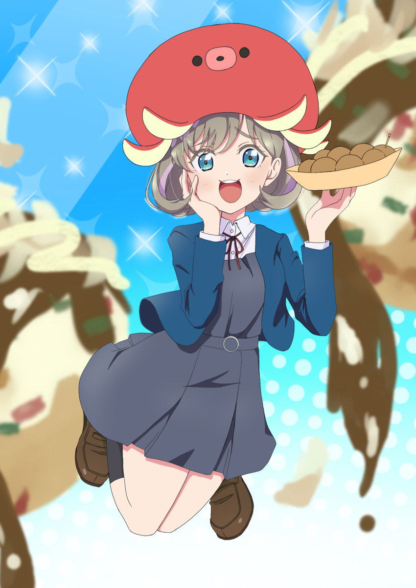 1girl :d absurdres airborne aqua_eyes azukibatake blue_background blue_jacket blurry blurry_background brown_footwear brown_hair commentary dress feet_up flipped_hair food full_body gradient_background grey_dress hand_on_own_cheek hand_on_own_face happy highres holding holding_food jacket light_blush loafers looking_at_viewer love_live! love_live!_superstar!! pinafore_dress red_headwear round_teeth school_uniform shoes short_dress short_hair shrug_(clothing) smile solo string_tie takoyaki tang_keke teeth upper_teeth_only wing_collar winter_uniform yuigaoka_school_uniform
