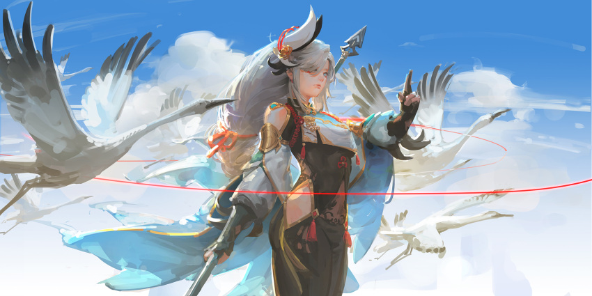 1girl arrow_(projectile) bangs bird black_dress blue_eyes blue_sky breasts calamity_queller_(genshin_impact) chinese_clothes closed_mouth clouds cowboy_shot dress genshin_impact gold_armor gold_trim hair_ornament hair_over_one_eye highres holding long_hair looking_to_the_side pale_skin pointing pointing_up polearm seagull shenhe_(genshin_impact) shoulder_pads sky solo spear standing tight weapon white_bird white_hair youshun_(naturaljuice)