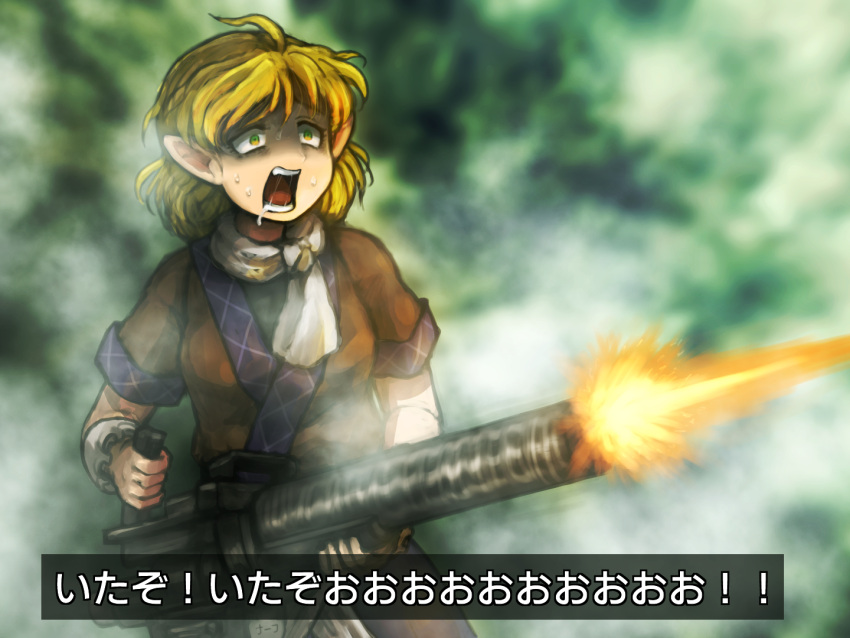 1girl commentary_request drooling firing forest gatling_gun gun holding holding_gun holding_weapon m134_minigun mac_eliot mizuhashi_parsee nature predator_(movie) scene_reference shirosato shouting solo touhou translated valentine weapon