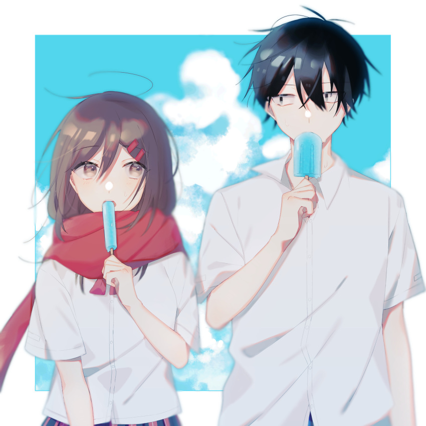 1boy 1girl absurdres ahoge arm_at_side bangs black_eyes black_hair black_skirt blue_sky blurry border bow bowtie brown_eyes brown_hair clouds cloudy_sky collared_shirt commentary day eating enpera food hair_between_eyes hair_ornament hairclip highres holding holding_food kagerou_project kisaragi_shintarou long_bangs looking_at_another looking_to_the_side mekakucity_actors multicolored_clothes multicolored_skirt muuta04 open_collar open_mouth outside_border plaid plaid_skirt pleated_skirt popsicle red_bow red_bowtie red_scarf red_skirt scarf school_uniform shirt short_sleeves skirt sky summer_uniform tateyama_ayano teeth upper_body upper_teeth_only white_border white_shirt