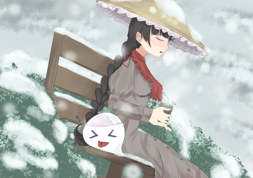 &gt;_&lt; 1girl 1other :o ajirogasa bakebake_(touhou) bench black_hair braid buttons capelet closed_eyes cup dress ebigadaisuko_(user_xtcr3758) ghost grey_dress hat highres holding holding_cup juliet_sleeves long_hair long_sleeves open_mouth puffy_sleeves red_capelet ribbon sitting snow snow_on_headwear tongue tongue_out touhou touhou_(pc-98) triangular_headpiece twin_braids yatadera_narumi