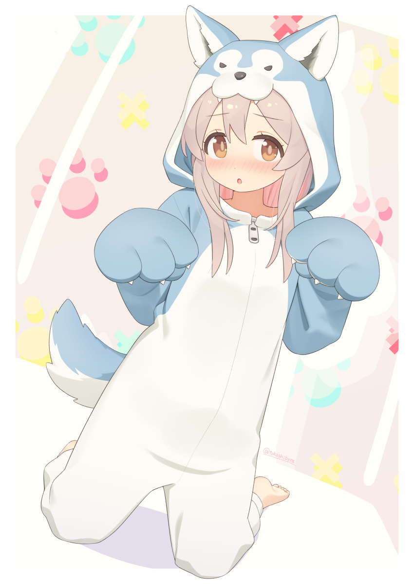 1girl :o absurdres animal_costume animal_ears animal_hands bangs barefoot blush brown_eyes colored_inner_hair commentary_request fake_animal_ears fake_tail full_body gloves grey_hair hair_between_eyes highres hood hood_up kneeling long_hair looking_at_viewer multicolored_hair onesie onii-chan_wa_oshimai! open_mouth oyama_mahiro paw_gloves paw_print paw_print_background pink_hair solo tail tokoshibyra two-tone_hair wolf_costume wolf_hood wolf_tail zipper_pull_tab