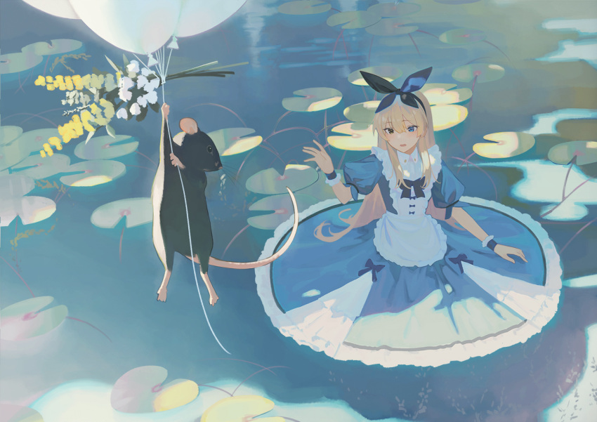 1girl alice_(alice_in_wonderland) alice_in_wonderland balloon bangs black_hairband blonde_hair blue_dress blue_eyes blue_hairband blue_ribbon blush commentary day dress english_commentary facing_viewer frilled_dress frills hair_between_eyes hairband hand_up heterochromia holding holding_balloon long_hair looking_away looking_back mouse open_mouth outdoors pinafore_dress plant pond puffy_short_sleeves puffy_sleeves ribbon short_sleeves solo_focus standing sunlight upper_body wakuseiy wrist_cuffs yellow_eyes