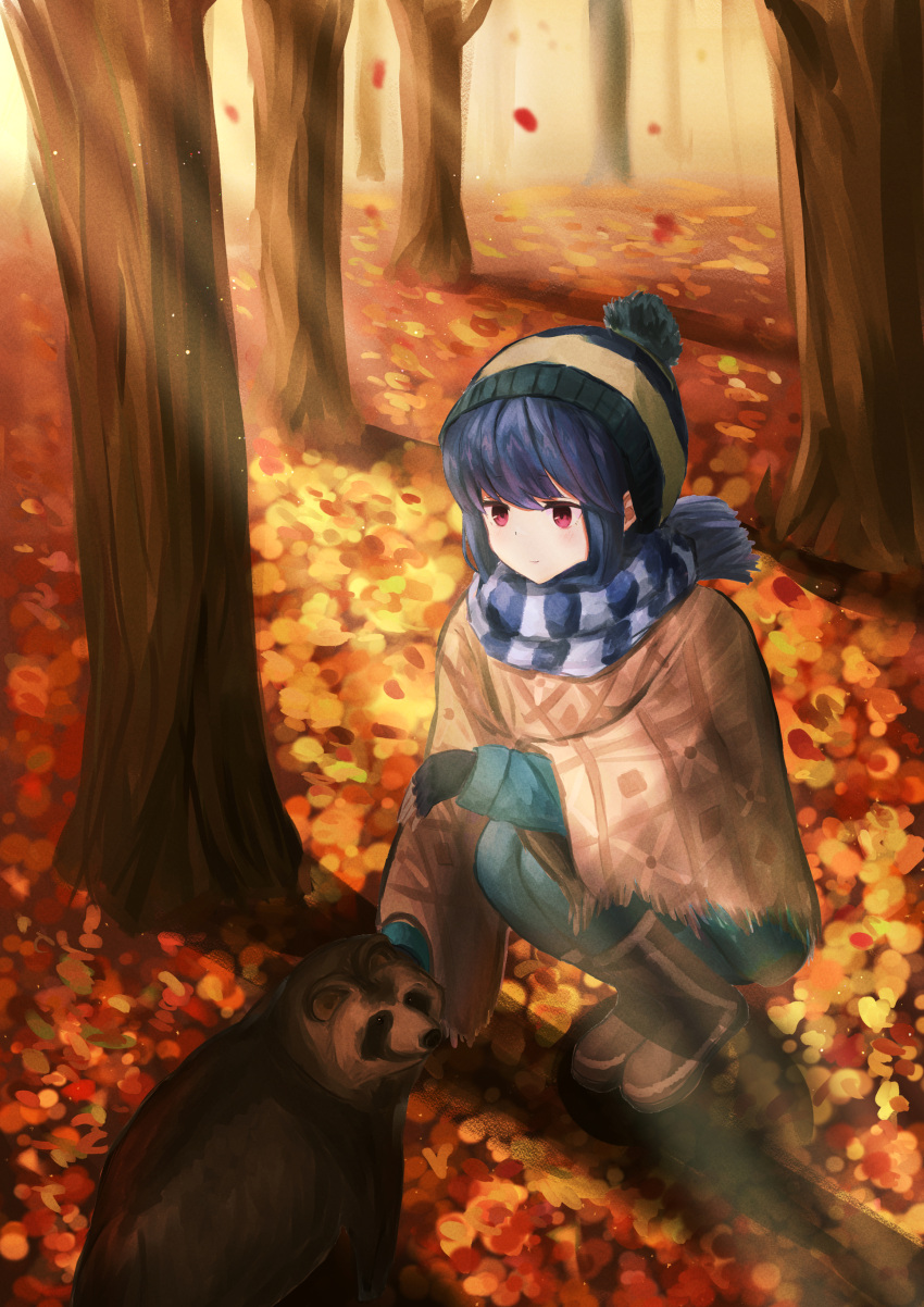 1girl absurdres autumn autumn_leaves bangs beanie black_gloves blue_hair blue_headwear blue_jacket blue_pants blue_scarf boots brown_footwear closed_mouth denim fingerless_gloves full_body gloves hat highres jacket jeans ky00 leaf long_sleeves maple_leaf outdoors pants poncho scarf shima_rin smile solo squatting striped striped_scarf tanuki tree violet_eyes yurucamp