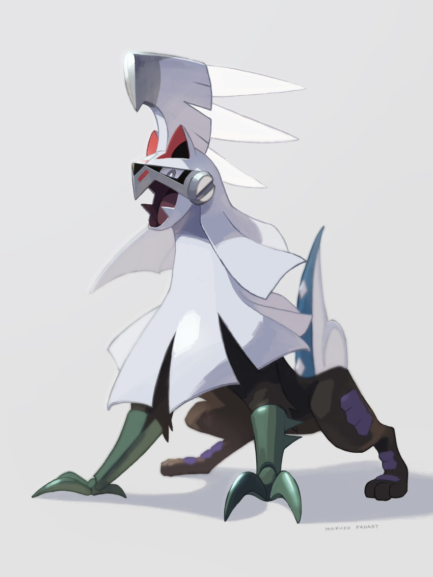 bright_pupils commentary fangs full_body grey_background grey_eyes highres mokuzou_(moku_ssbu) no_humans open_mouth pokemon pokemon_(creature) signature silvally solo standing symbol-only_commentary tongue white_pupils