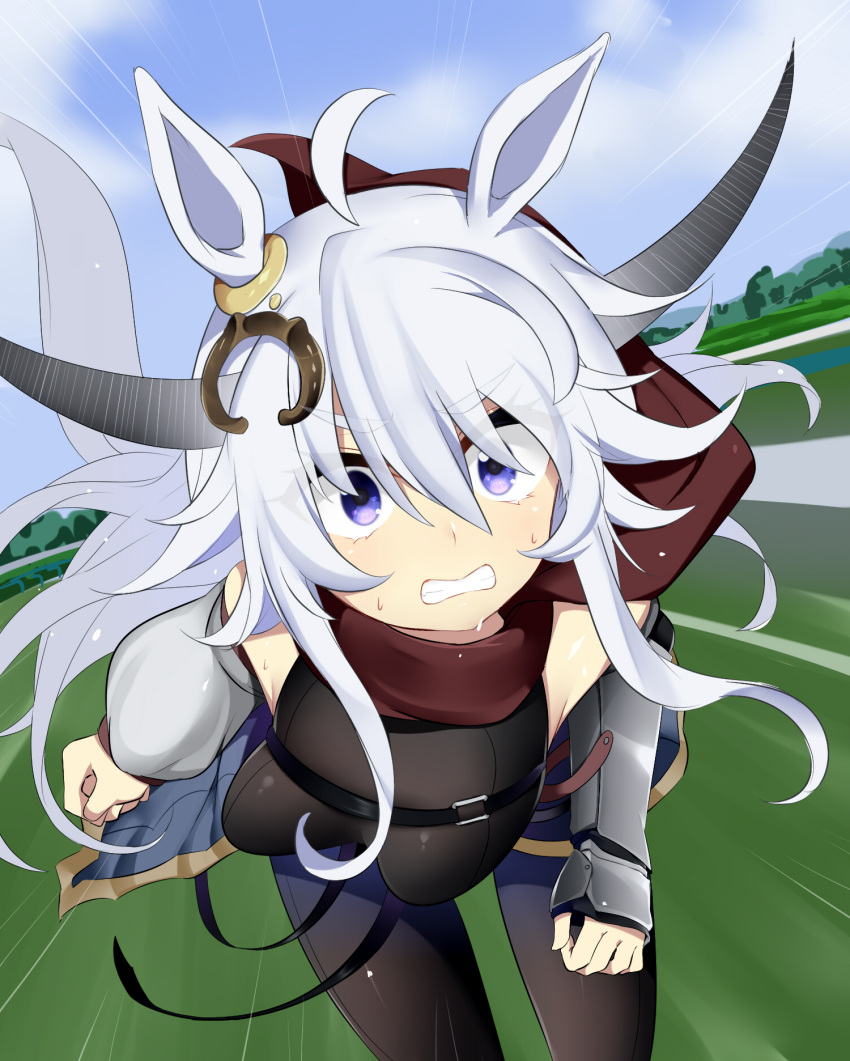 1girl animal_ears clenched_teeth detached_sleeves ear_ornament elden_ring eyes_visible_through_hair foreshortening furaggu highres horns horse_ears horse_girl horse_racing_track horse_tail long_hair outdoors personification racing red_scarf running scarf single_detached_sleeve single_vambrace solo speed_lines sweat tail teeth torrent_(elden_ring) umamusume v-shaped_eyebrows vambraces violet_eyes