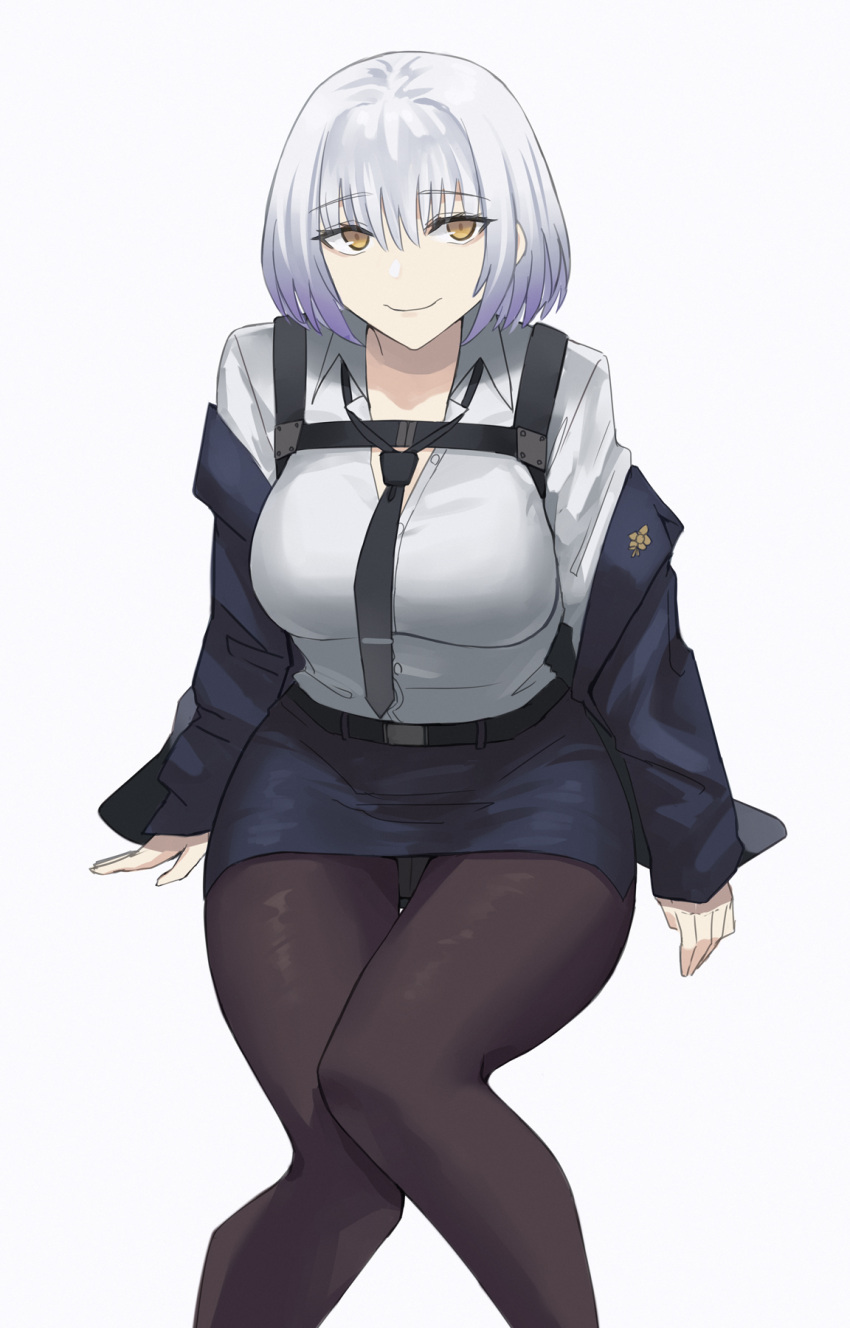 1girl asakiri_koko belt black_necktie black_pantyhose blue_coat blue_skirt bob_cut breasts chest_harness coat commentary_request feet_out_of_frame girls_frontline hair_between_eyes harness highres large_breasts looking_at_viewer morridow_(girls'_frontline) necktie off_shoulder pantyhose paradeus partial_commentary partially_unbuttoned shirt simple_background sitting skirt smile solo white_background white_shirt yellow_eyes