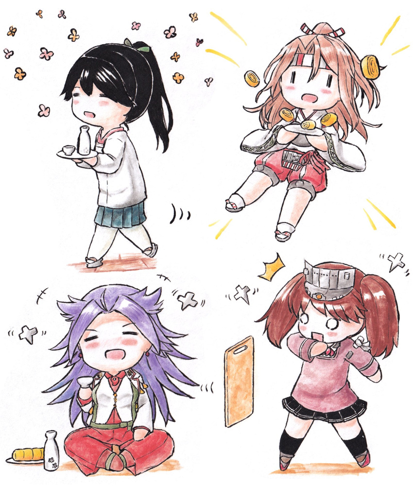 black_hair black_skirt blue_skirt brown_hair chibi cup cutting_board earrings food hachimaki hat headband highres holding holding_cup houshou_(kancolle) japanese_clothes jewelry jun'you_(kancolle) kantai_collection long_hair multiple_girls muneate o_o omelet open_mouth pantyhose pleated_skirt poipoi_purin ponytail purple_hair ryuujou_(kancolle) shikigami skirt spiky_hair tamagoyaki twintails visor_cap walking white_pantyhose wide_sleeves zuihou_(kancolle)