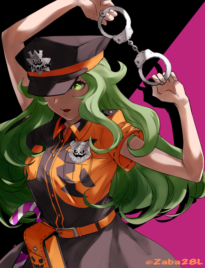 1girl absurdres arm_up asahi_(zabaniyan) belt belt_pouch black_background candy candy_cane collared_shirt commentary_request cuffs curly_hair food green_eyes green_hair halloween hand_up handcuffs hat highres holding holding_handcuffs long_hair looking_at_viewer maria_(housamo) open_mouth orange_shirt police police_badge police_hat police_uniform pouch purple_background shirt skirt solo tokyo_afterschool_summoners twitter_username two-tone_background two-tone_shirt uniform upper_body