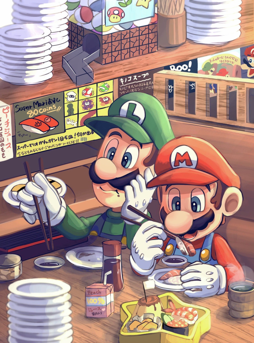 2boys blue_eyes blue_overalls brown_hair chopsticks cup drinking_straw eating facial_hair food gloves green_headwear green_shirt hand_on_own_chin hat highres hiyashimeso holding holding_chopsticks indoors juice_box luigi mario multiple_boys mustache open_mouth overalls plate red_headwear red_shirt shirt super_mario_bros. table teeth white_gloves