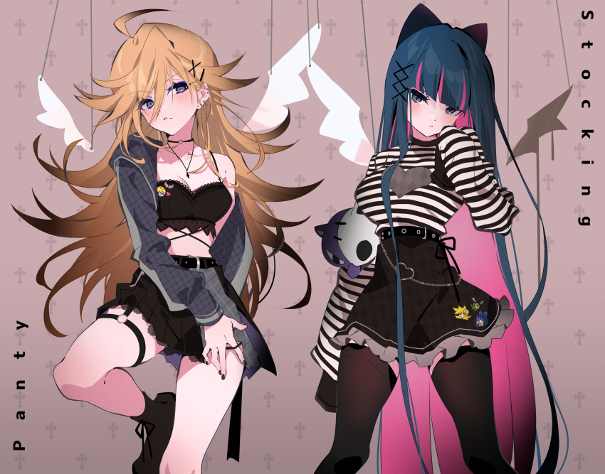 2girls absurdres ahoge arutera bangs banned_artist black_bow black_nails black_panties black_skirt black_thighhighs blonde_hair blue_hair blush bow breasts cleavage closed_mouth collarbone colored_inner_hair crop_top frilled_skirt frills frown grey_eyes hair_between_eyes hair_bow hair_ornament head_tilt high-waist_skirt highres jewelry long_hair long_sleeves looking_at_viewer medium_breasts midriff miniskirt multicolored_hair multiple_girls nail_polish panties panty_&amp;_stocking_with_garterbelt panty_(psg) panty_pull pendant pink_hair pleated_skirt shirt skirt sleeves_past_fingers sleeves_past_wrists standing stocking_(psg) stomach striped striped_shirt thigh-highs thigh_strap two-tone_hair underwear very_long_hair x_hair_ornament zettai_ryouiki