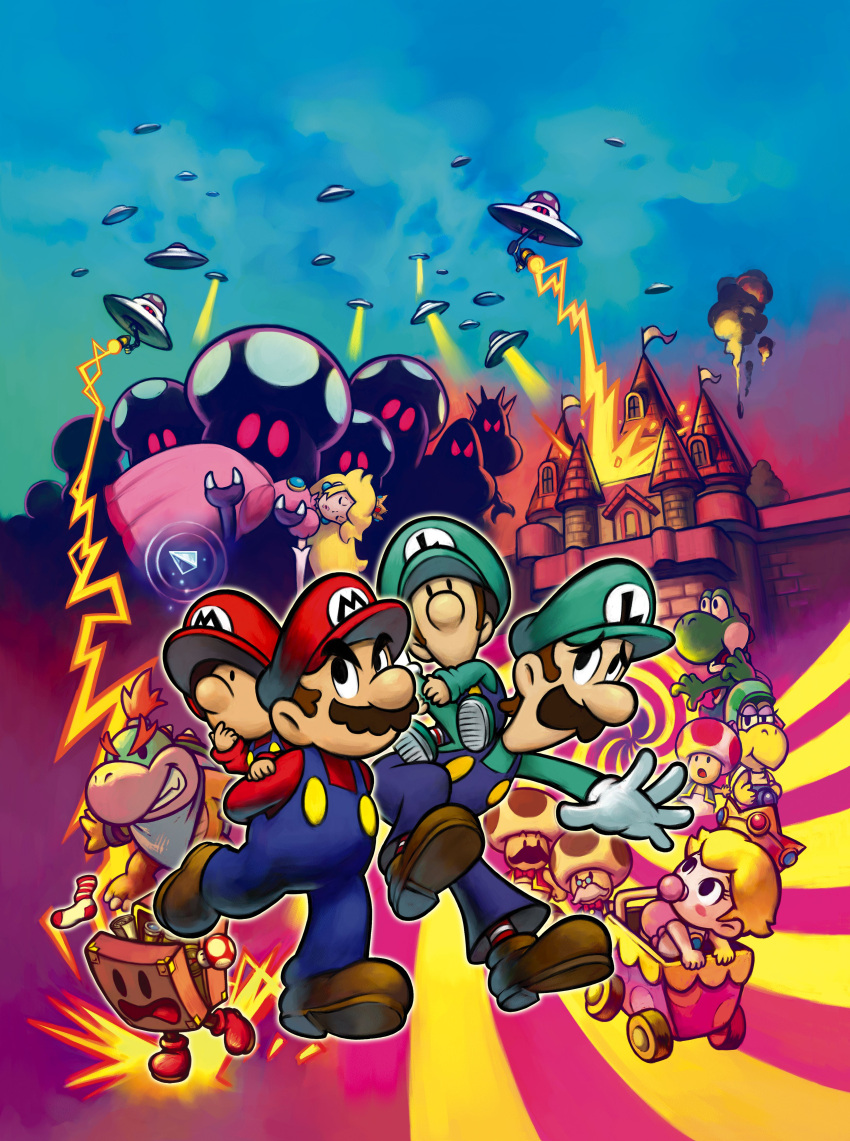 3girls 6+boys absurdres baby_luigi baby_mario baby_peach blonde_hair blue_overalls blue_sky boots bowser_jr. brown_footwear brown_hair castle crown dress earrings facial_hair gloves green_headwear green_shirt hat highres jewelry kylie_koopa long_hair luigi mario mario_&amp;_luigi_rpg mario_&amp;_luigi_rpg_(style) multiple_boys multiple_girls mustache official_art open_mouth overalls pacifier pink_dress princess_peach red_headwear red_shirt redhead shirt short_hair shroob sky stroller stuffwell suitcase super_mario_bros. super_mushroom toad_(mario) toadsworth toadsworth_the_younger ufo white_gloves yoshi