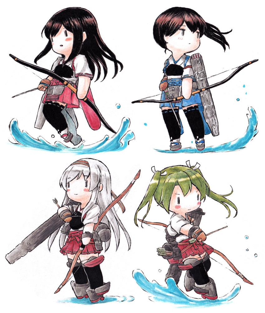 4girls akagi_(kancolle) arrow_(projectile) black_hair black_thighhighs blue_hakama bow_(weapon) brown_gloves chibi flight_deck gloves green_hair grey_hair hakama hakama_skirt headband highres holding holding_arrow holding_bow_(weapon) holding_weapon japanese_clothes kaga_(kancolle) kantai_collection long_hair multiple_girls muneate partially_fingerless_gloves poipoi_purin quiver red_hakama rigging shoukaku_(kancolle) side_ponytail simple_background single_glove skirt tasuki thigh-highs twintails water weapon white_background yugake zuikaku_(kancolle)