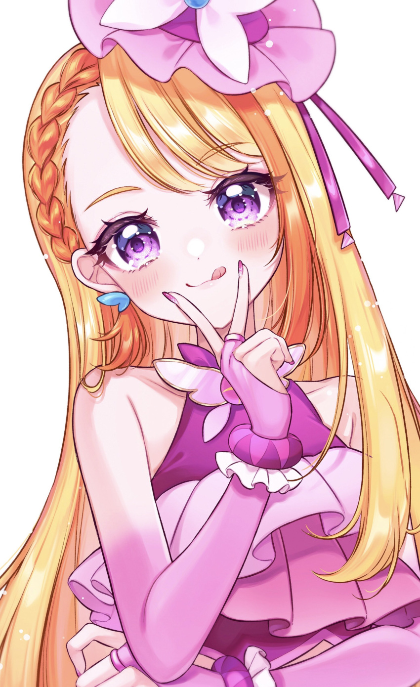 1girl :q absurdres blonde_hair blush bridal_gauntlets butterfly_earrings cure_butterfly earrings halterneck highres hijiri_ageha hirogaru_sky!_precure jewelry kuzumochi long_hair magical_girl pink_headwear pink_nails precure solo tongue tongue_out v_over_mouth violet_eyes