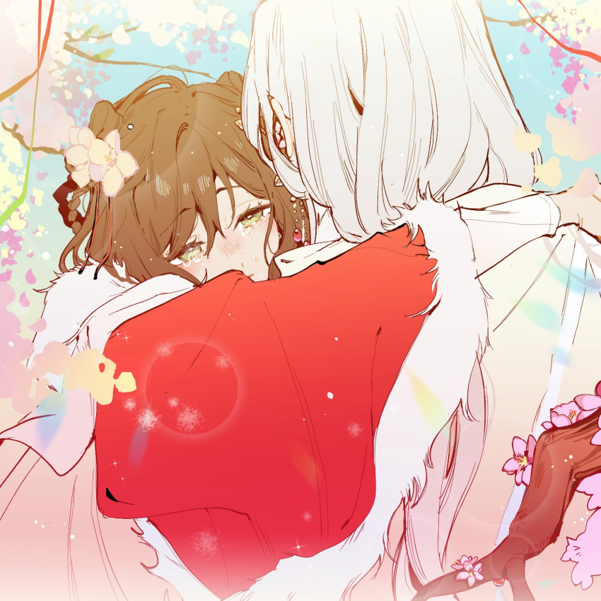 1boy 1girl back bangs brown_eyes chinese_clothes closed_mouth earrings english_commentary flower green_eyes half-closed_eyes hanfu highres hug jewelry long_hair long_sleeves looking_at_viewer lys_vyn petals rosa_(tears_of_themis) tears_of_themis upper_body vyn_richter_(tears_of_themis) white_flower white_hair