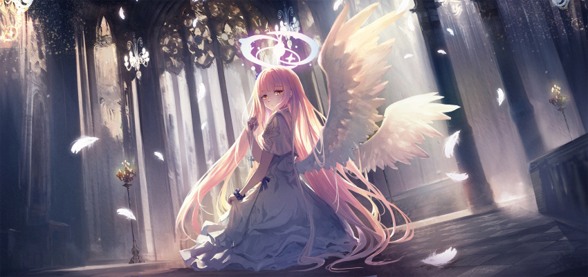 1girl angel_wings blue_archive candlestand capelet closed_mouth cross cross_necklace dress falling_feathers feathered_wings from_side glowing halo highres holding holding_jewelry holding_necklace indoors jewelry long_hair looking_at_viewer mika_(blue_archive) mixed-language_commentary necklace pink_hair saya_kuroha scrunchie solo white_capelet white_dress white_wings wide_shot wings wrist_scrunchie yellow_eyes