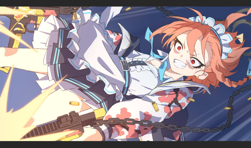 1girl absurdres apron black_skirt blue_archive braid chain dual_wielding dutch_angle earrings feet_out_of_frame firing grin gun highres holding holding_gun holding_weapon jacket jewelry laika_(sputnik2nd) letterboxed long_sleeves looking_at_viewer maid_headdress mole mole_under_eye muzzle_flash neru_(blue_archive) open_clothes open_jacket orange_eyes orange_hair pleated_skirt sanpaku shell_casing short_hair skirt smile solo stud_earrings submachine_gun sukajan v-shaped_eyebrows weapon white_apron wide-eyed