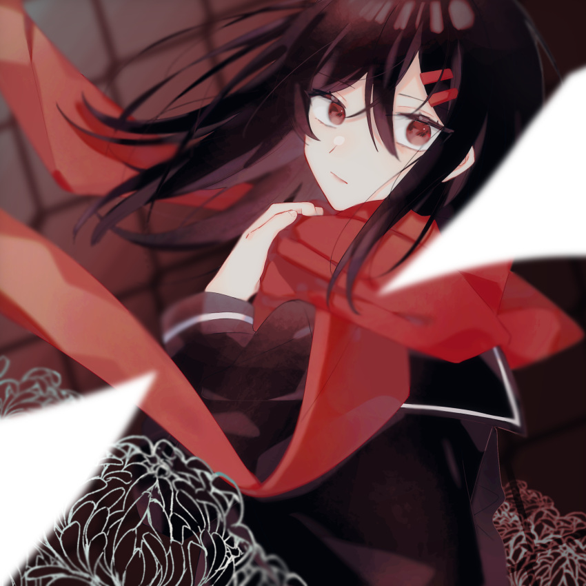 1girl :/ absurdres black_hair black_sailor_collar black_serafuku blurry blurry_background brown_background chain-link_fence closed_mouth commentary dark_background depth_of_field fence floating floating_object floating_scarf flower from_behind gradient_background hair_ornament hairclip highres kagerou_project long_hair long_scarf long_sleeves looking_at_viewer looking_back mekakucity_actors muuta04 outline papers red_eyes red_scarf sailor_collar scarf school_uniform serafuku sleeve_cuffs solo spider_lily tateyama_ayano turning_head upper_body