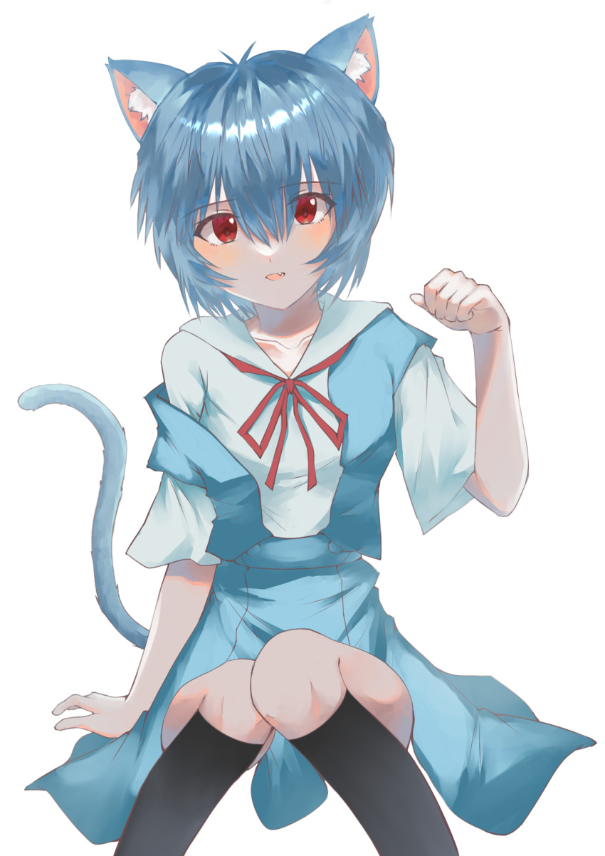 1girl animal_ears ayanami_rei blue_hair cat_ears highres neon_genesis_evangelion open_mouth red_eyes red_ribbon ribbon school_uniform short_hair simple_background solo tail tokyo-3_middle_school_uniform white_background yurumenoika_eva