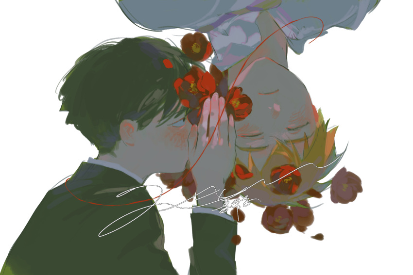 2boys bowl_cut facing_viewer flower gakuran hand_up highres kageyama_shigeo long_sleeves looking_at_another looking_away male_focus mob_psycho_100 multiple_boys petals portrait profile red_flower reigen_arataka ruilibing school_uniform short_hair signature simple_background string upside-down whispering white_background