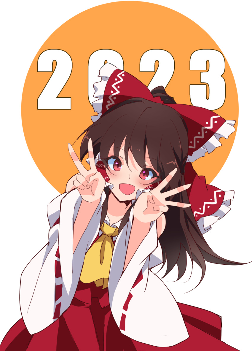 1girl 2023 ascot bangs bow brown_hair commentary_request hair_bow hair_tubes hakurei_reimu highres ichimura_kanata looking_at_viewer medium_hair one-hour_drawing_challenge open_mouth ponytail red_bow red_eyes red_skirt ribbon-trimmed_sleeves ribbon_trim sidelocks skirt solo touhou v wide_sleeves yellow_ascot
