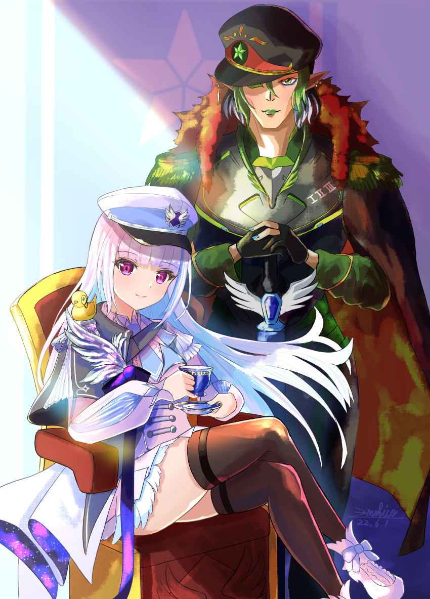 1boy 1girl absurdres ankle_bow aqua_necktie armor artist_name bangs bird black_armor black_gloves black_hair black_pants black_thighhighs blue_hair blunt_bangs bow cape chair colored_inner_hair crest duck duckling emobico epaulettes gloves green_eyes green_hair green_lips hanabatake_chaika hat highres holding holding_sword holding_weapon jacket lapels light_blue_hair lize_helesta long_hair long_sleeves looking_at_viewer military_hat monocle multicolored_hair necktie nijisanji official_alternate_costume official_alternate_hairstyle pants partially_fingerless_gloves peaked_cap pleated_skirt pointy_ears sebastian_piyodore short_hair sidelocks signature sitting skindentation skirt smile standing star_(symbol) star_print sword thigh-highs two-tone_hair uniform violet_eyes virtual_youtuber weapon white_footwear white_hair white_headwear white_jacket wing_print zettai_ryouiki