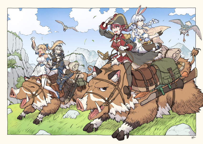 4girls animal_ears arrow_(projectile) black_coat black_gloves blonde_hair blue_hair boar braid burger coat dress food gloves grey_hair gun hat high_heels highres hololive houshou_marine map moto_oji-san multiple_girls pirate_hat pointy_ears quiver rabbit_ears redhead reins riding rifle rocket_launcher rpg shiranui_flare shirogane_noel sword thigh-highs twin_braids twintails usada_pekora virtual_youtuber weapon white_dress white_gloves